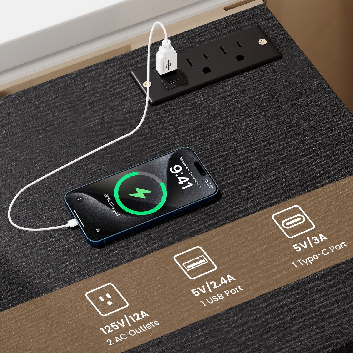 Mesa de Noche con Estación de Carga, Mesa Auxiliar con 3 Cajones de Almacenamiento, Mesa de Noche para Dormitorio