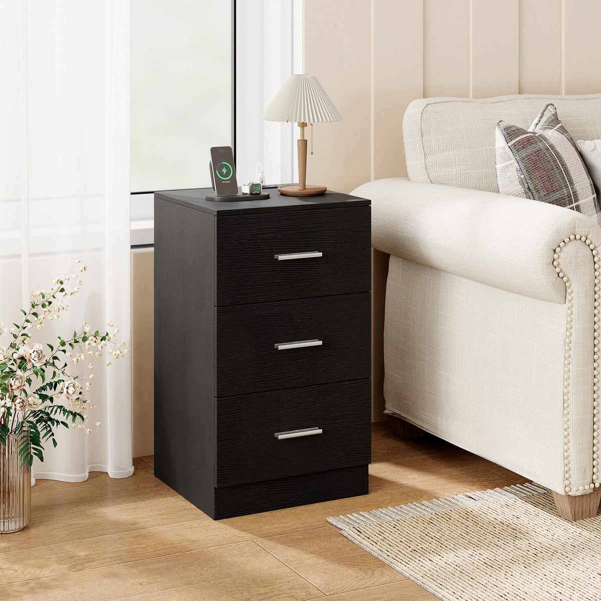 Mesa de Noche con Estación de Carga, Mesa Auxiliar con 3 Cajones de Almacenamiento, Mesa de Noche para Dormitorio