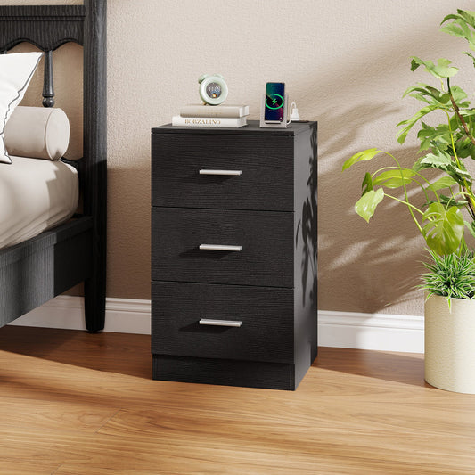 Mesa de Noche con Estación de Carga, Mesa Auxiliar con 3 Cajones de Almacenamiento, Mesa de Noche para Dormitorio
