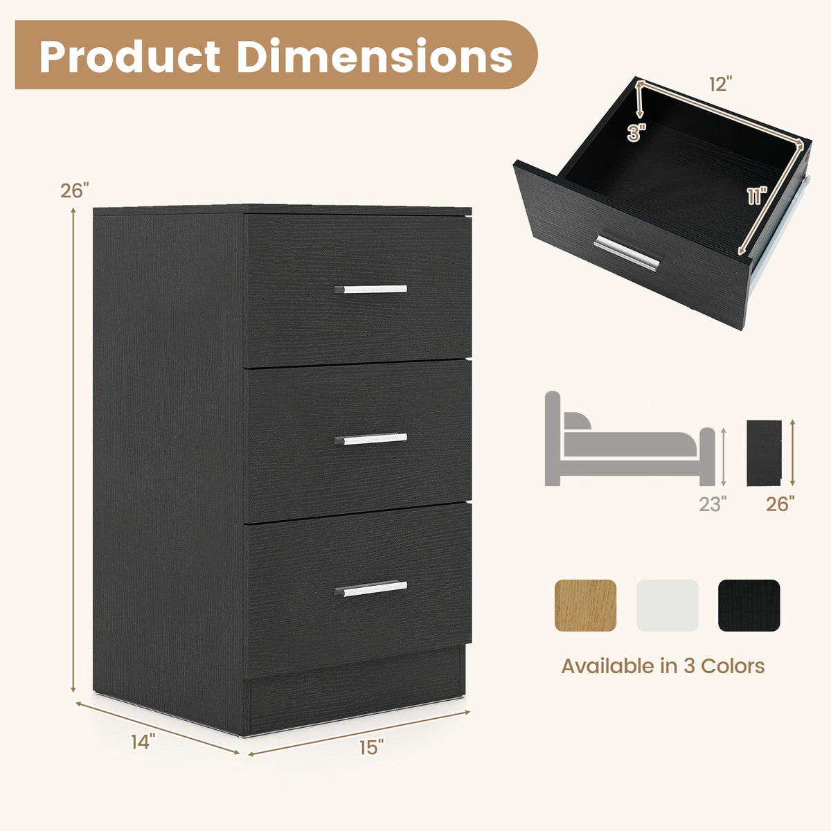 Mesa de Noche con Estación de Carga, Mesa Auxiliar con 3 Cajones de Almacenamiento, Mesa de Noche para Dormitorio