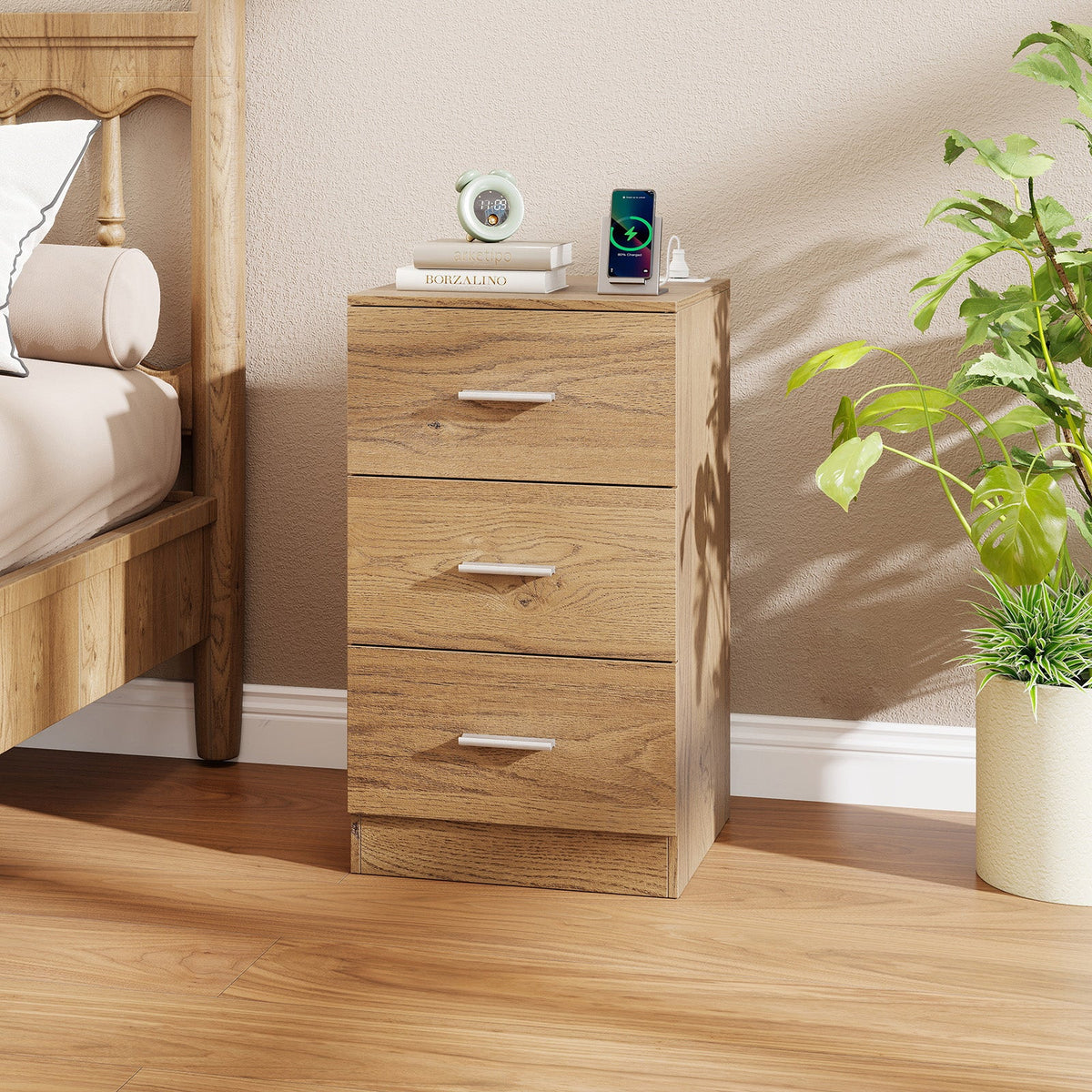 Mesa de Noche con Estación de Carga, Mesa Auxiliar con 3 Cajones de Almacenamiento, Mesa de Noche para Dormitorio