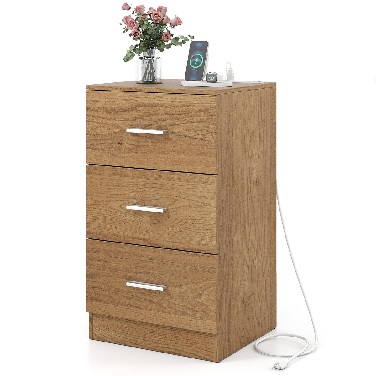 Mesa de Noche con Estación de Carga, Mesa Auxiliar con 3 Cajones de Almacenamiento, Mesa de Noche para Dormitorio