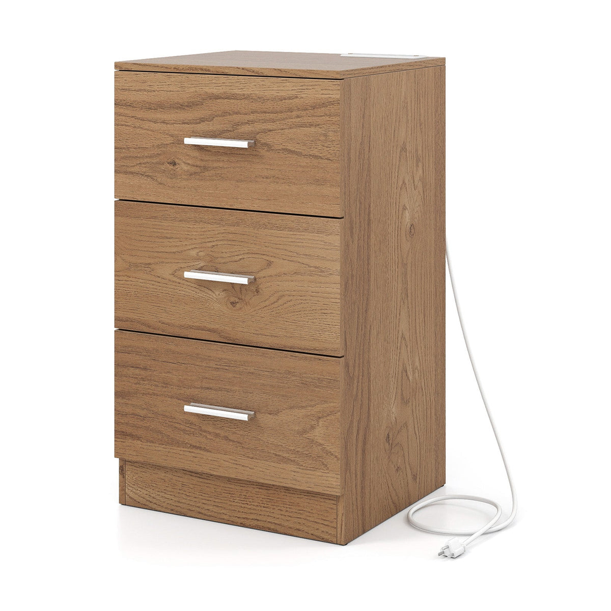 Mesa de Noche con Estación de Carga, Mesa Auxiliar con 3 Cajones de Almacenamiento, Mesa de Noche para Dormitorio
