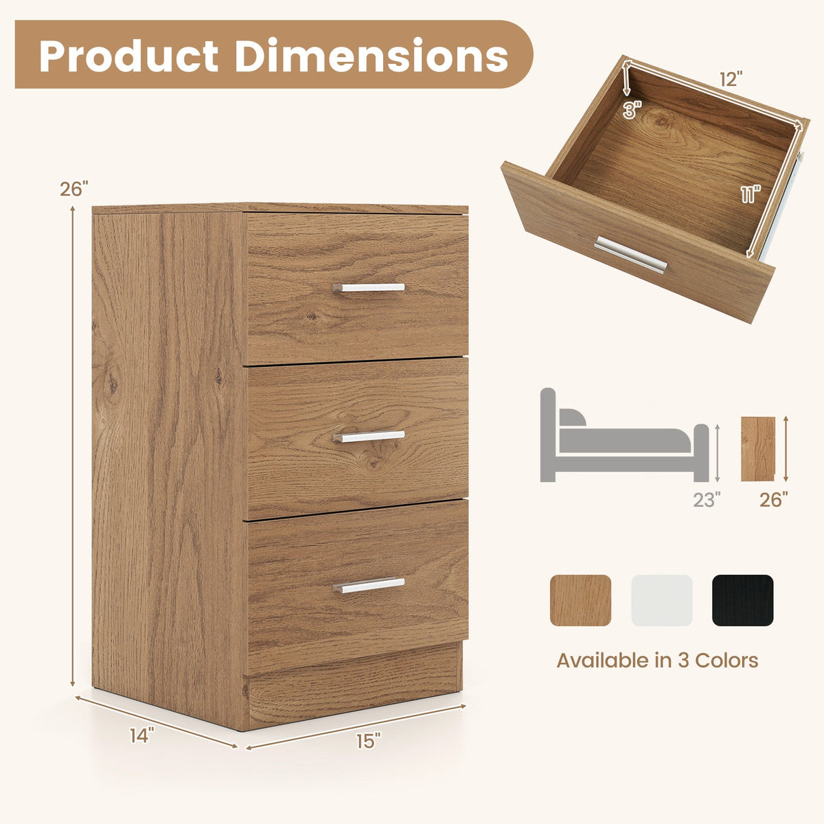 Mesa de Noche con Estación de Carga, Mesa Auxiliar con 3 Cajones de Almacenamiento, Mesa de Noche para Dormitorio