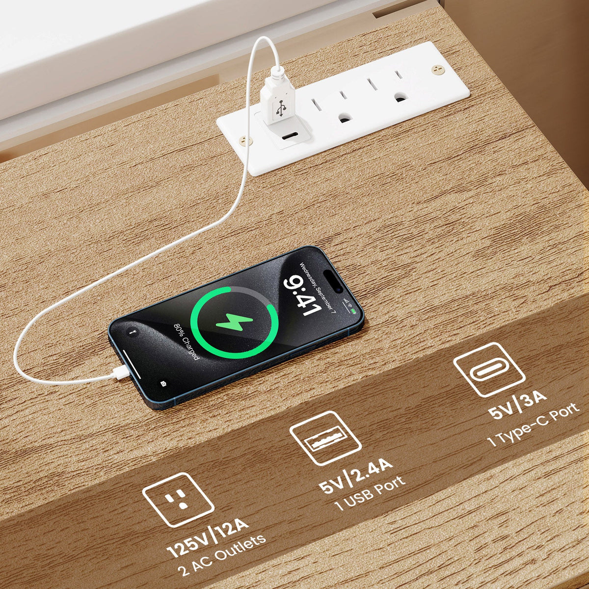 Mesa de Noche con Estación de Carga, Mesa Auxiliar con 3 Cajones de Almacenamiento, Mesa de Noche para Dormitorio