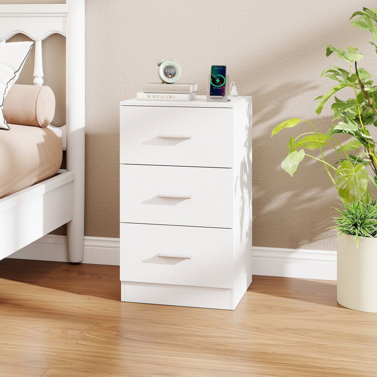 Mesa de Noche con Estación de Carga, Mesa Auxiliar con 3 Cajones de Almacenamiento, Mesa de Noche para Dormitorio