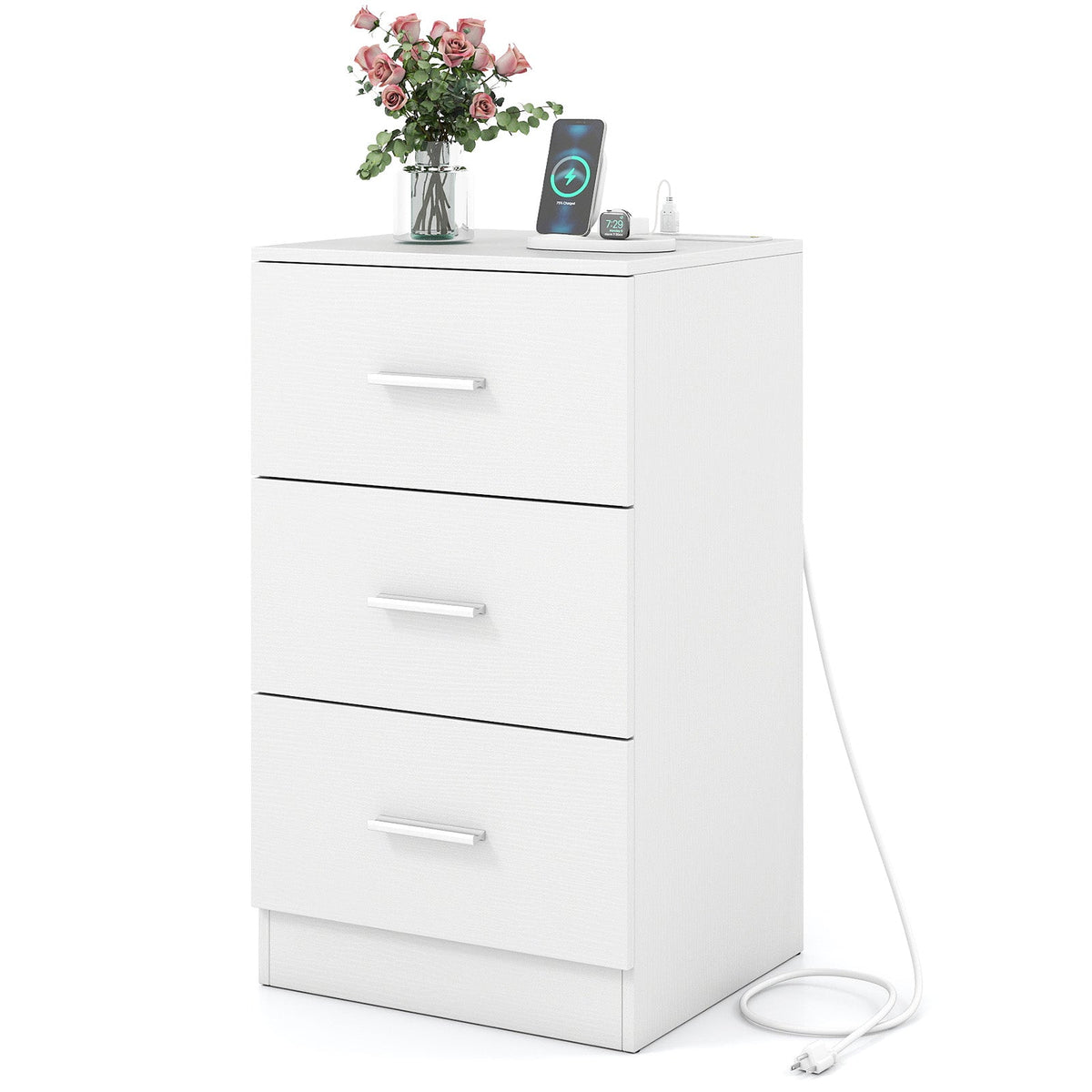 Mesa de Noche con Estación de Carga, Mesa Auxiliar con 3 Cajones de Almacenamiento, Mesa de Noche para Dormitorio