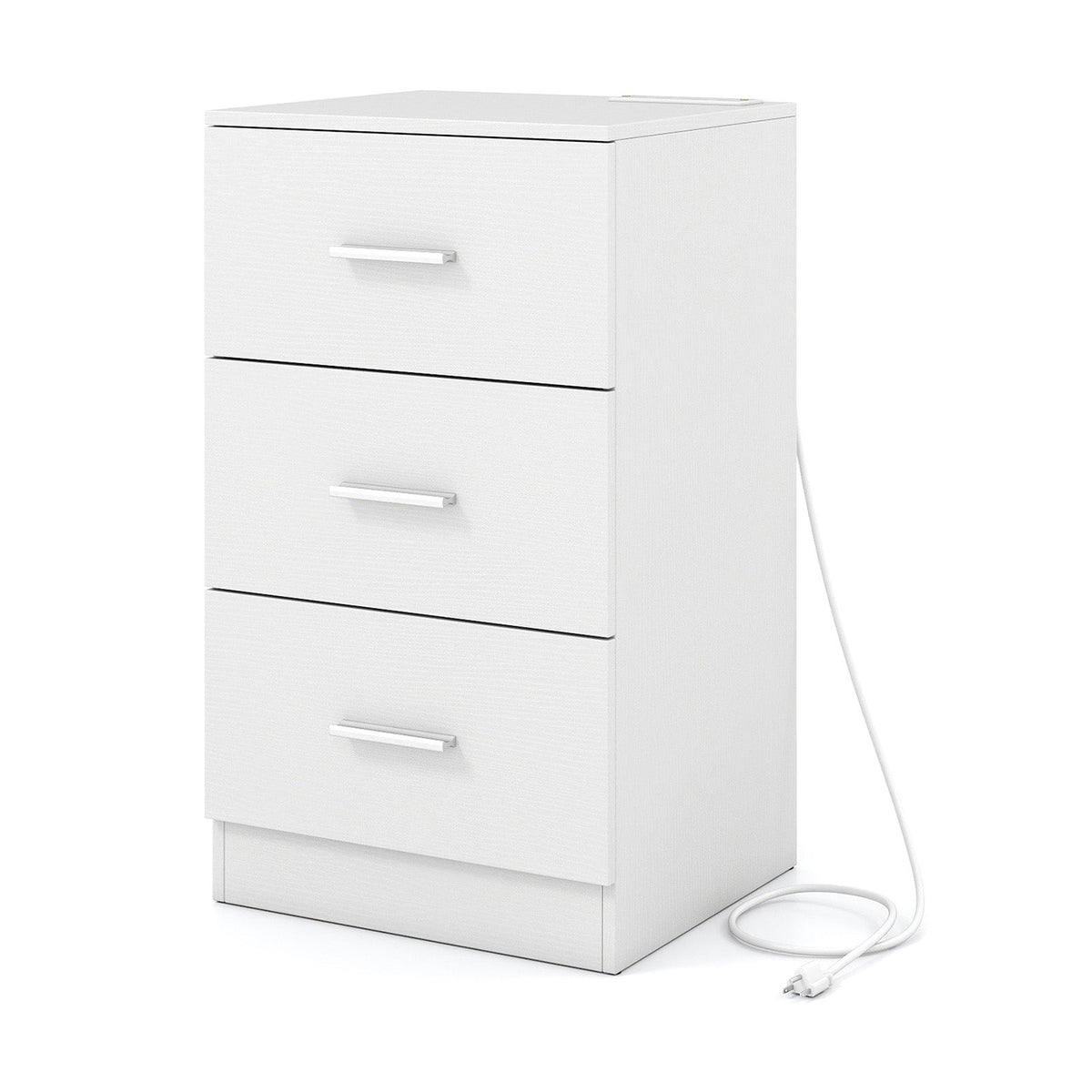 Mesa de Noche con Estación de Carga, Mesa Auxiliar con 3 Cajones de Almacenamiento, Mesa de Noche para Dormitorio