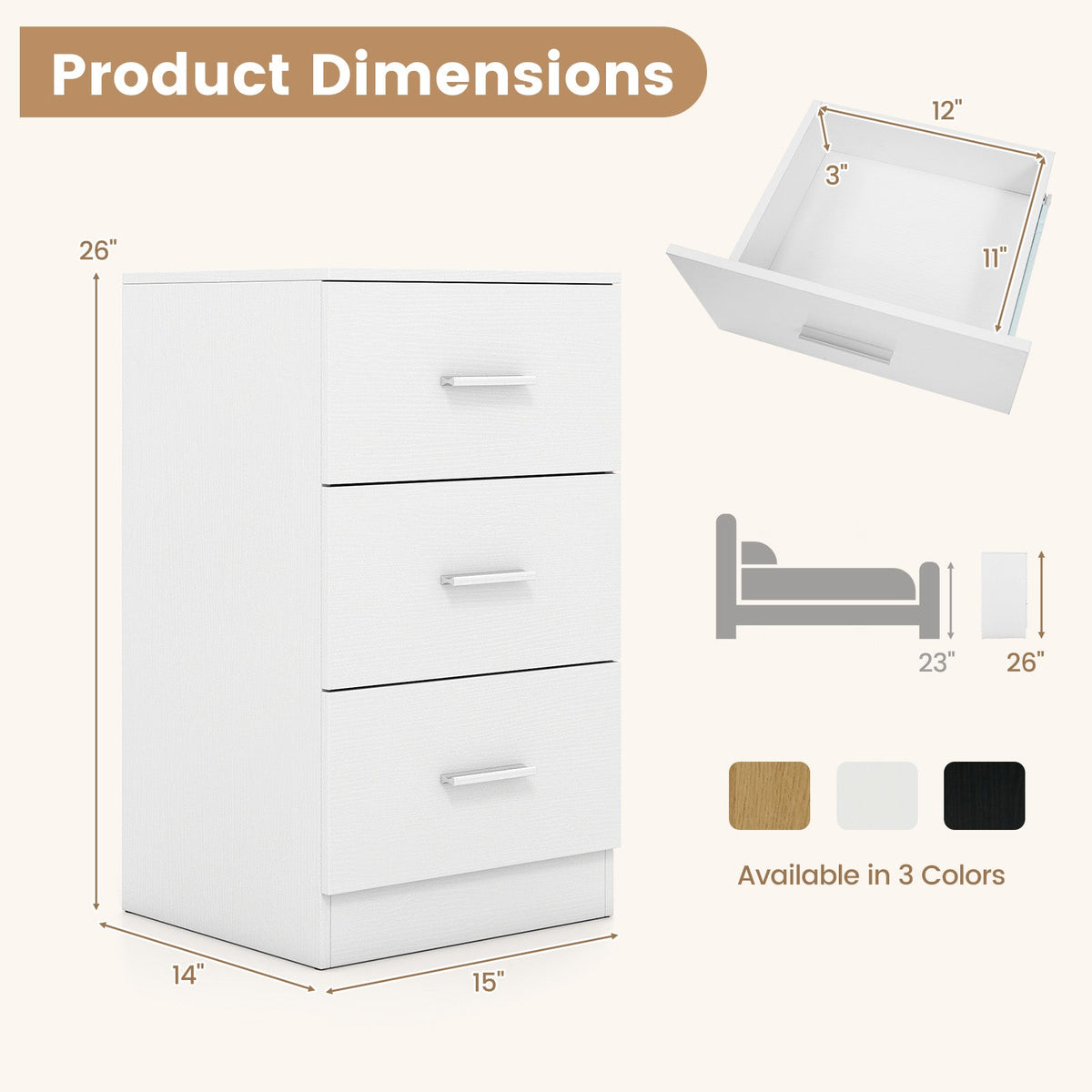 Mesa de Noche con Estación de Carga, Mesa Auxiliar con 3 Cajones de Almacenamiento, Mesa de Noche para Dormitorio