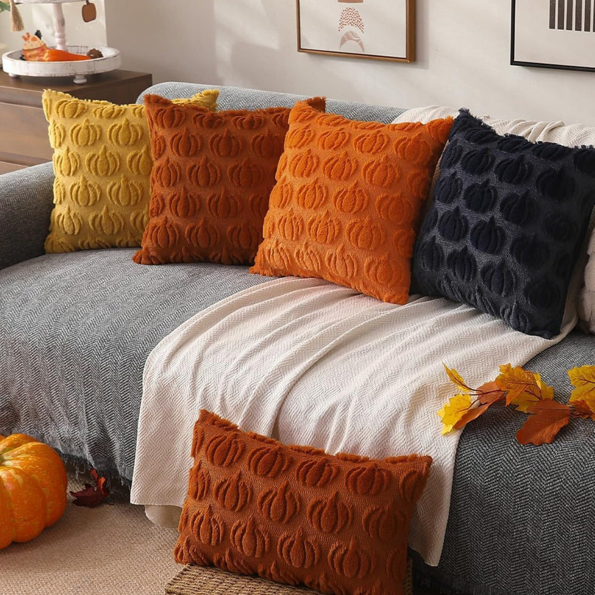 Pumpkin Fall Throw Pillow Covers - Set of 2 Rust Red Faux Fur Pillow Cases