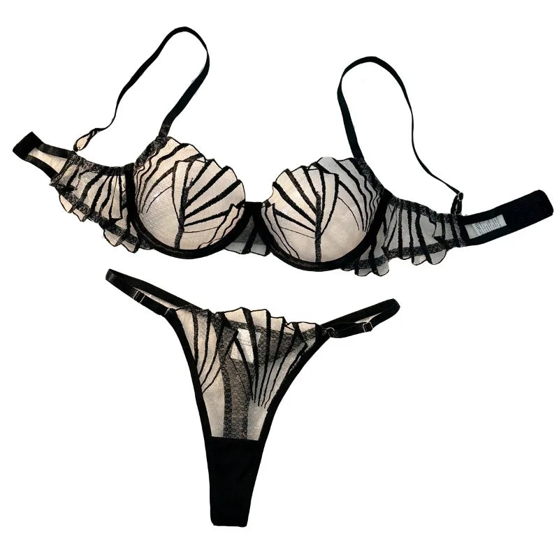 Conjunto de lencería de encaje y malla para mujer, 2 piezas, sexy, ultra fino, transpirable, cómodo, ligero, con bordes festoneados y transparente