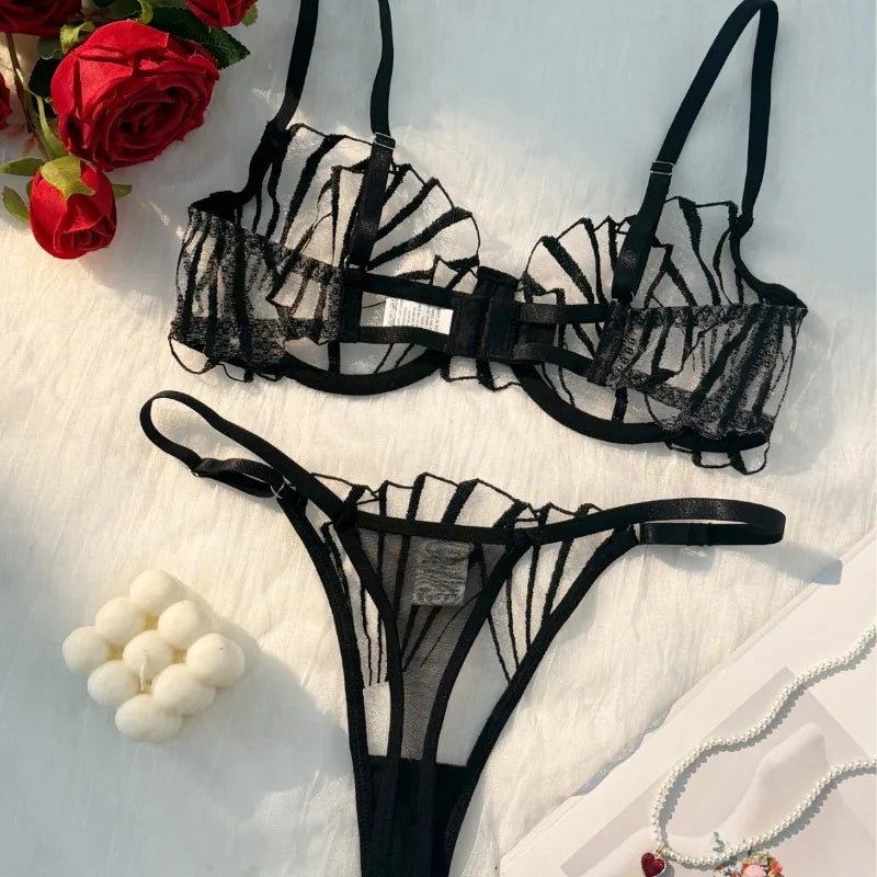 Conjunto de lencería de encaje y malla para mujer, 2 piezas, sexy, ultra fino, transpirable, cómodo, ligero, con bordes festoneados y transparente