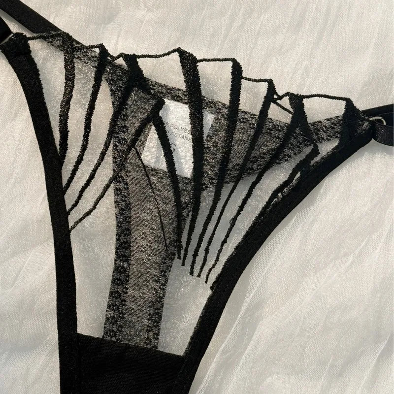 Conjunto de lencería de encaje y malla para mujer, 2 piezas, sexy, ultra fino, transpirable, cómodo, ligero, con bordes festoneados y transparente