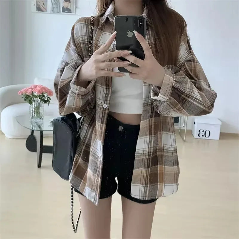 Camisa de cuadros de mujer, moda de otoño, blusa de manga larga, estilo vintage, abotonada, para mujer, estilo preppy, camisas a cuadros holgadas