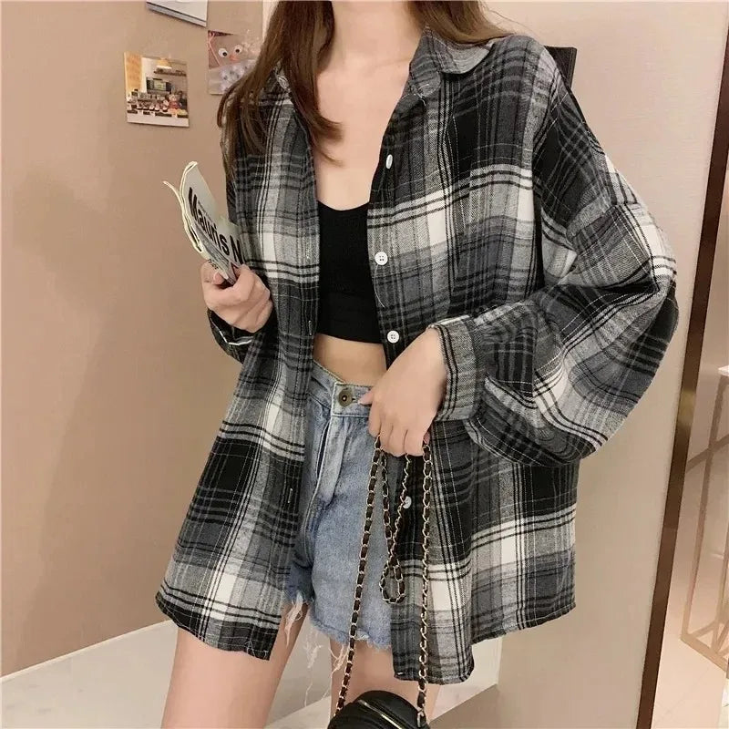 Camisa de cuadros de mujer, moda de otoño, blusa de manga larga, estilo vintage, abotonada, para mujer, estilo preppy, camisas a cuadros holgadas