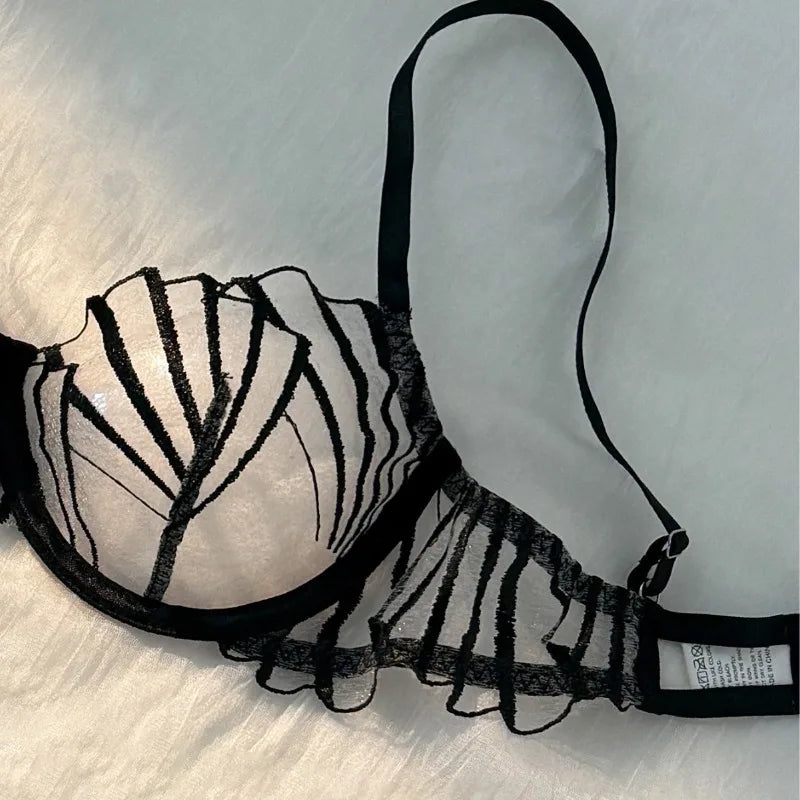 Conjunto de lencería de encaje y malla para mujer, 2 piezas, sexy, ultra fino, transpirable, cómodo, ligero, con bordes festoneados y transparente