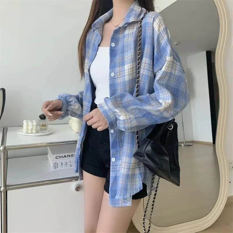 Camisa de cuadros de mujer, moda de otoño, blusa de manga larga, estilo vintage, abotonada, para mujer, estilo preppy, camisas a cuadros holgadas