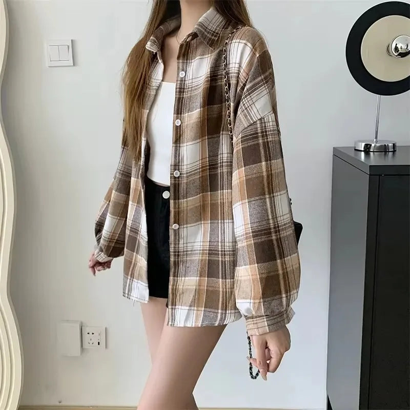 Camisa de cuadros de mujer, moda de otoño, blusa de manga larga, estilo vintage, abotonada, para mujer, estilo preppy, camisas a cuadros holgadas