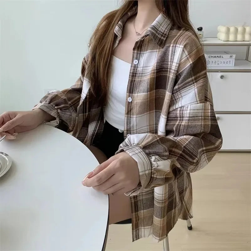 Camisa de cuadros de mujer, moda de otoño, blusa de manga larga, estilo vintage, abotonada, para mujer, estilo preppy, camisas a cuadros holgadas