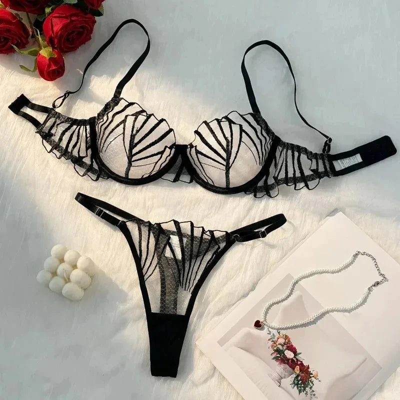 Conjunto de lencería de encaje y malla para mujer, 2 piezas, sexy, ultra fino, transpirable, cómodo, ligero, con bordes festoneados y transparente
