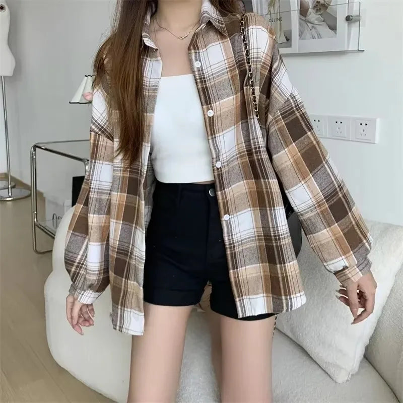 Camisa de cuadros de mujer, moda de otoño, blusa de manga larga, estilo vintage, abotonada, para mujer, estilo preppy, camisas a cuadros holgadas