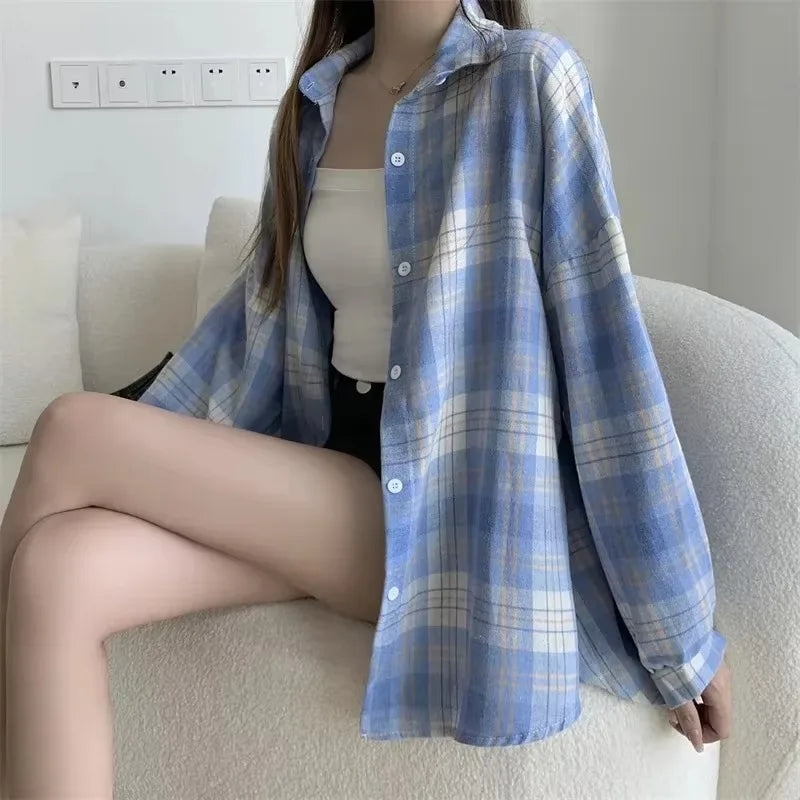 Camisa de cuadros de mujer, moda de otoño, blusa de manga larga, estilo vintage, abotonada, para mujer, estilo preppy, camisas a cuadros holgadas