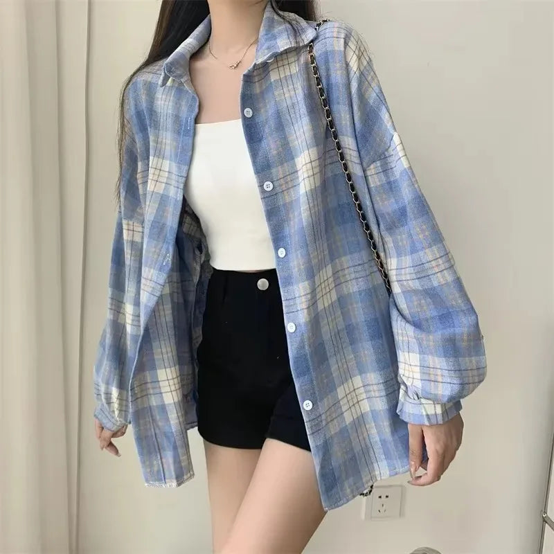 Camisa de cuadros de mujer, moda de otoño, blusa de manga larga, estilo vintage, abotonada, para mujer, estilo preppy, camisas a cuadros holgadas