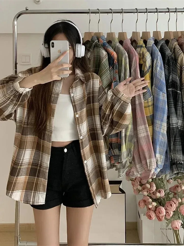 Camisa de cuadros de mujer, moda de otoño, blusa de manga larga, estilo vintage, abotonada, para mujer, estilo preppy, camisas a cuadros holgadas