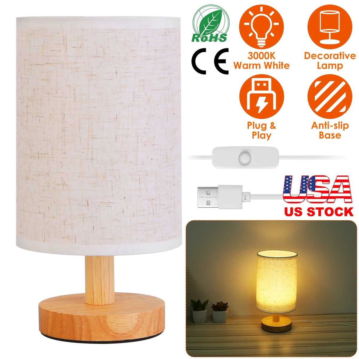 Beside Lamps for Bedroom Warm White Nightstand Lamp USB Plug Modern Lantern for Bedroom with 32.48in Cord