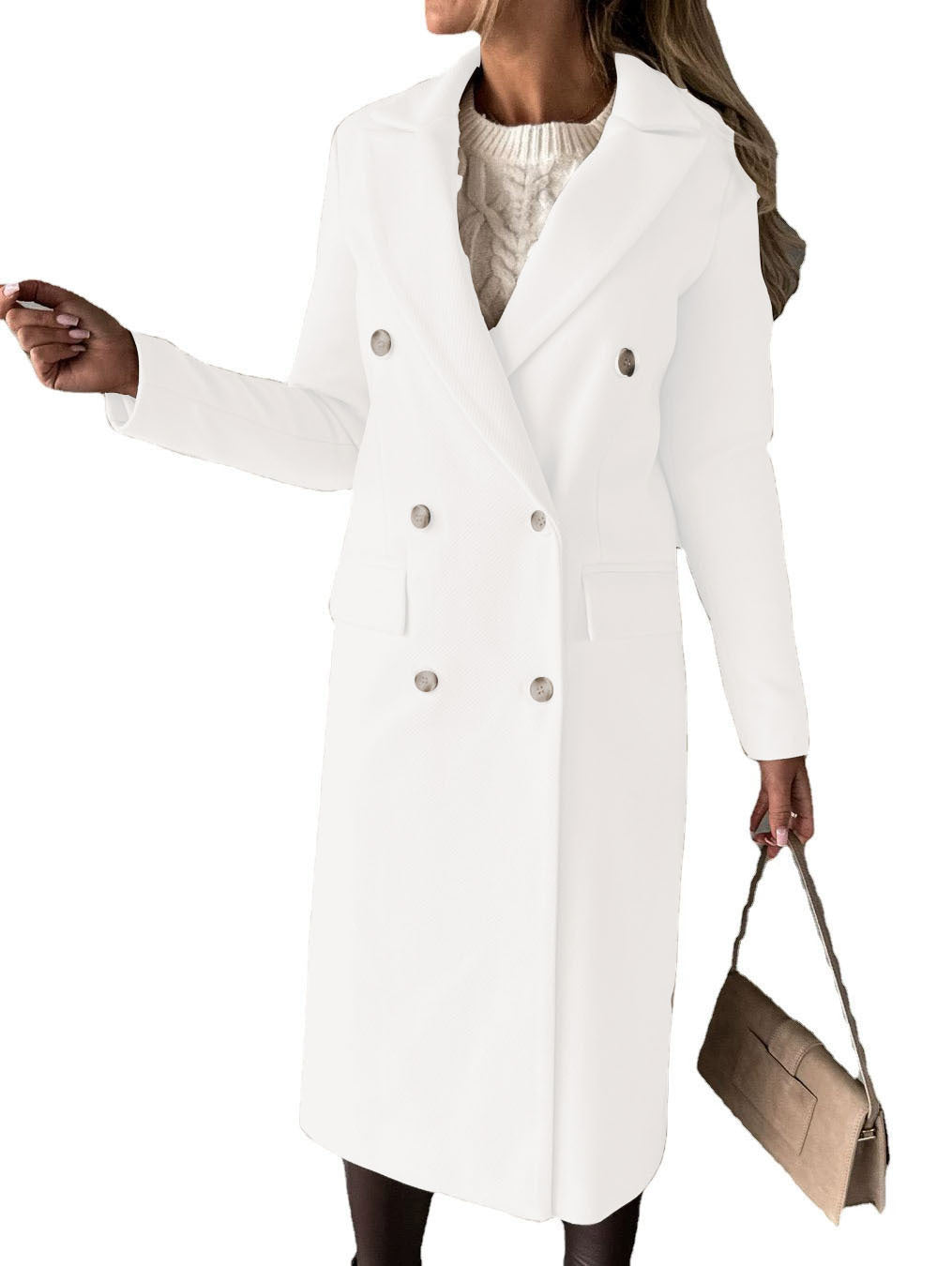 Abrigo de solapa cruzado Moda de invierno Sólido Delgado Chaqueta larga Mangas largas Ropa de mujer