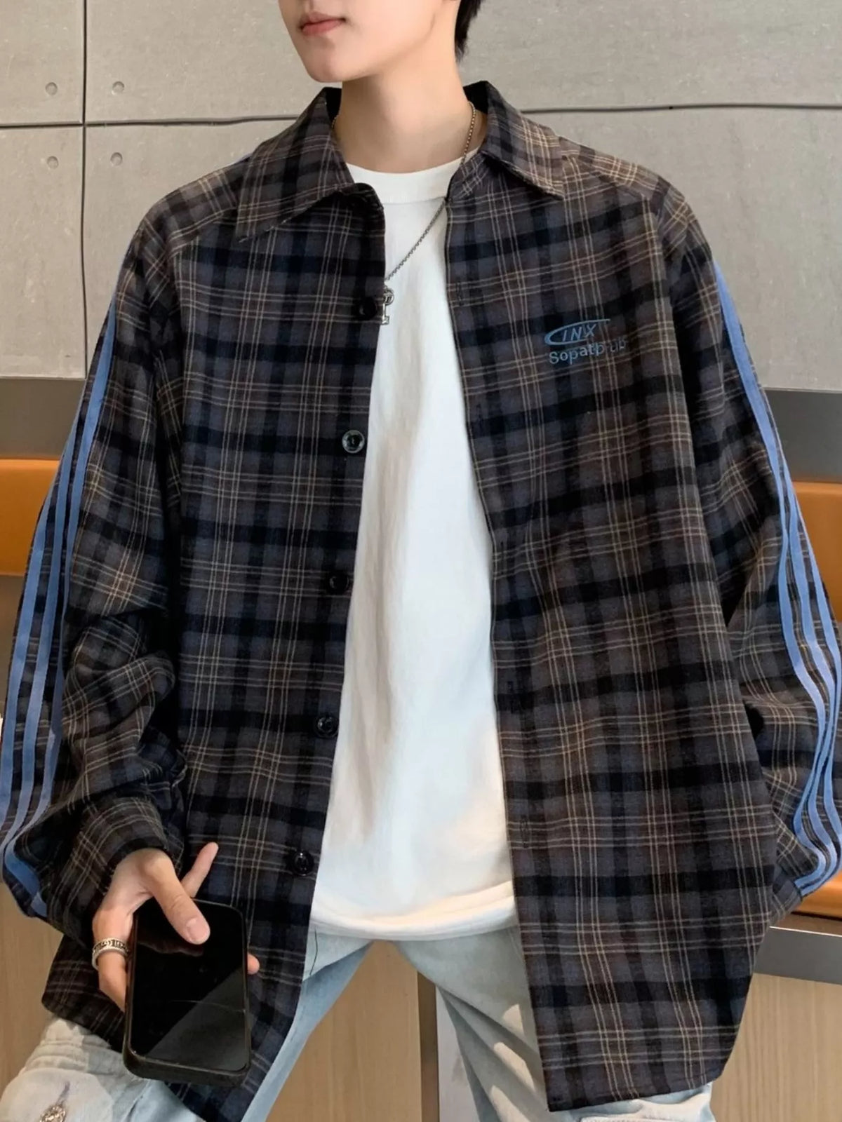 Camisa informal a cuadros de manga larga de tallas grandes para hombre