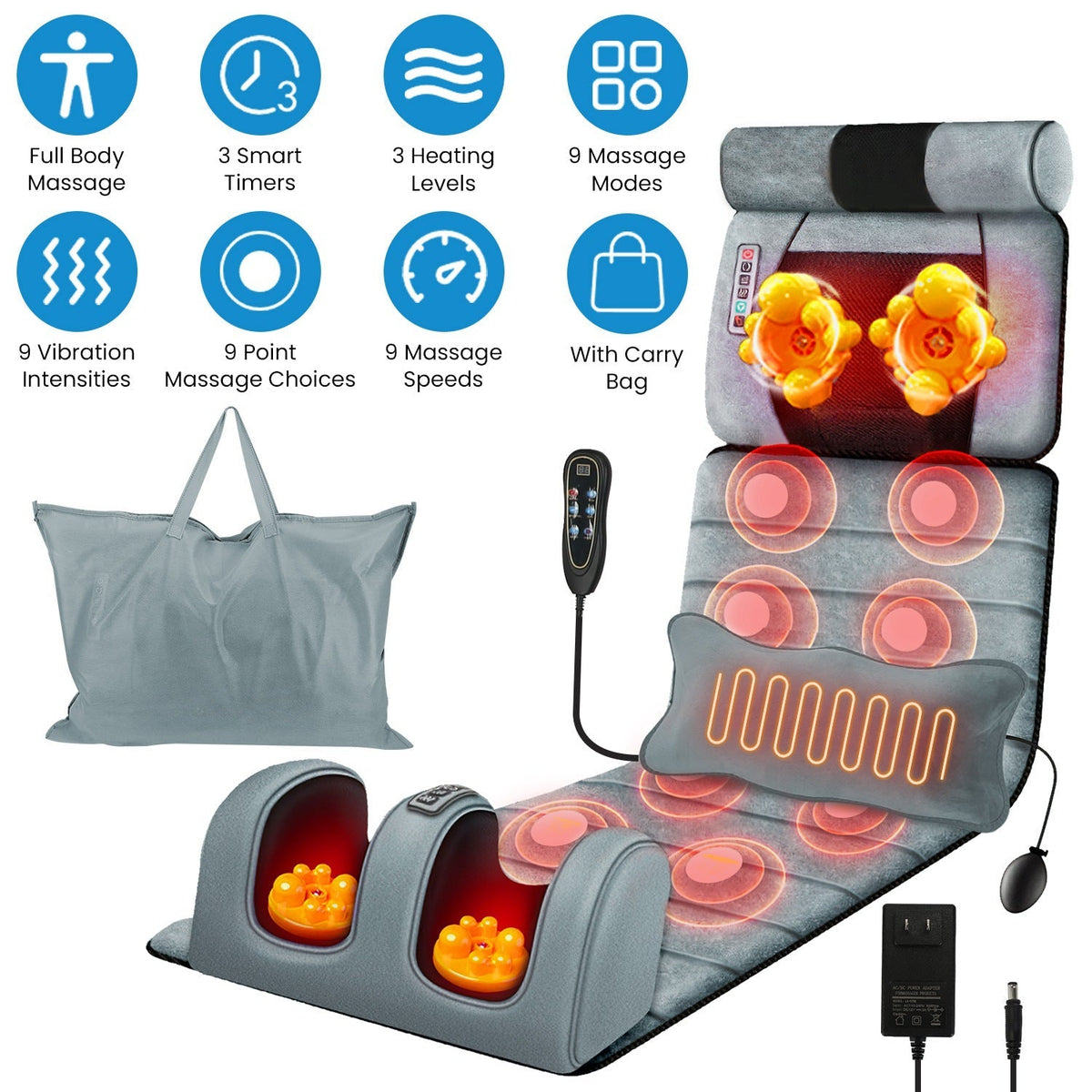 Esterilla de masaje eléctrico para cuerpo completo, cojín térmico con vibración, colchón de masaje para espalda, almohadilla para silla con masaje de cuello, masaje de pies, almohada para la cabeza e inflable