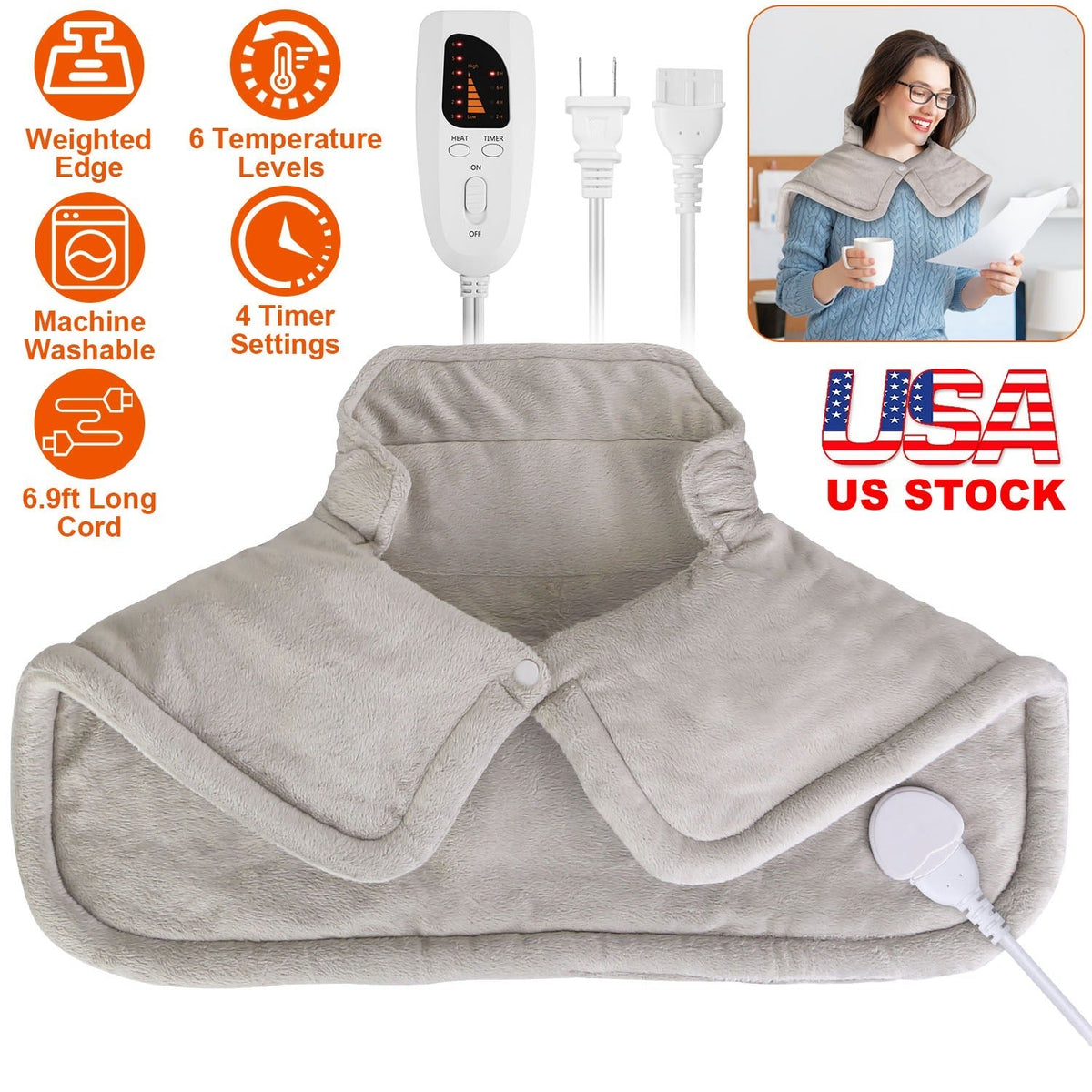 22.4x16.3in Large Weighted Heating Pad for Neck and Shoulders Electric Fast Heating Mat Neck Wrap Cushion Pain Relief with 6 Temperature Settings 4 Ti