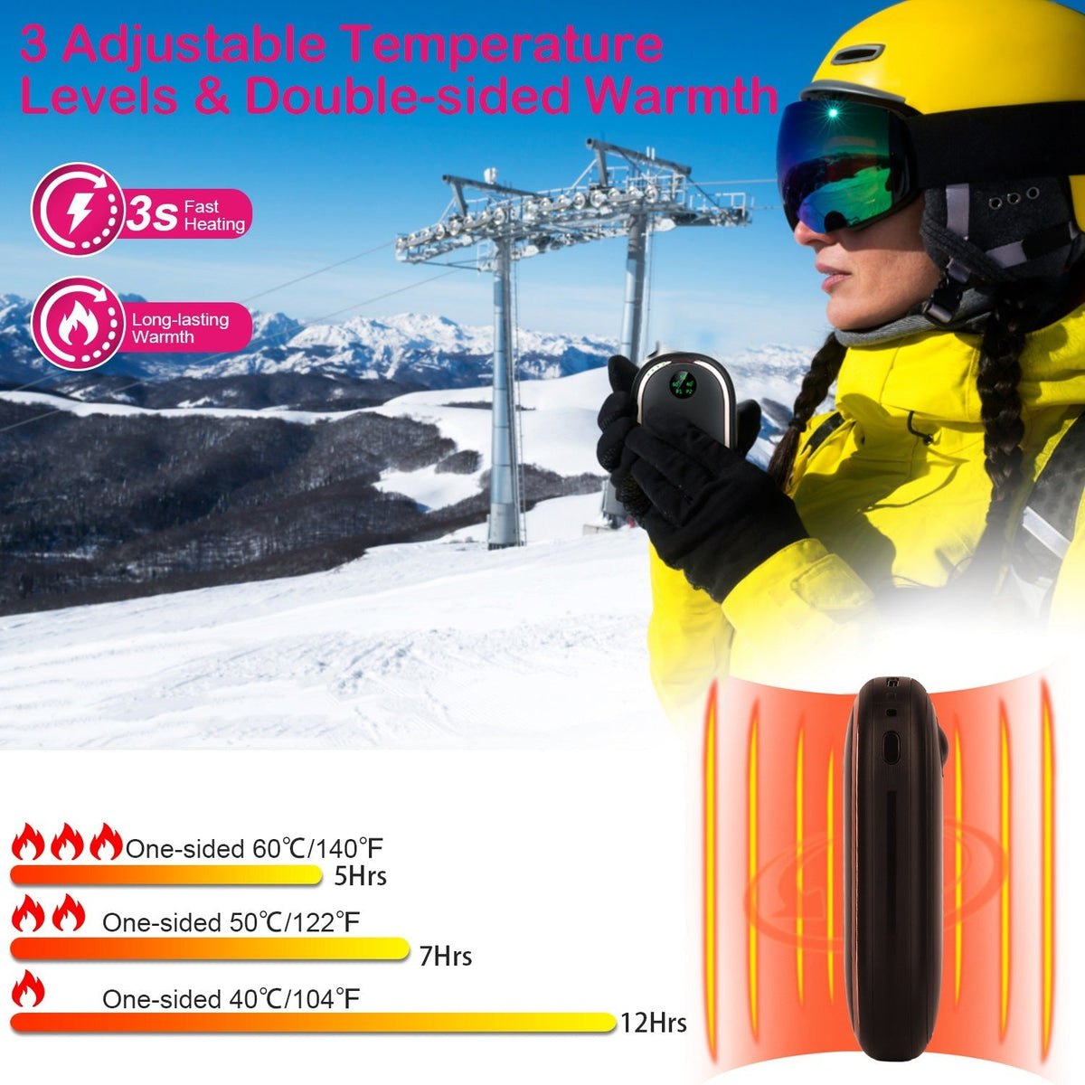Calentador de manos eléctrico recargable, calentador de bolsillo portátil reutilizable, batería externa con pantalla digital, luz de atardecer, 3 niveles de temperatura y calentamiento de doble cara
