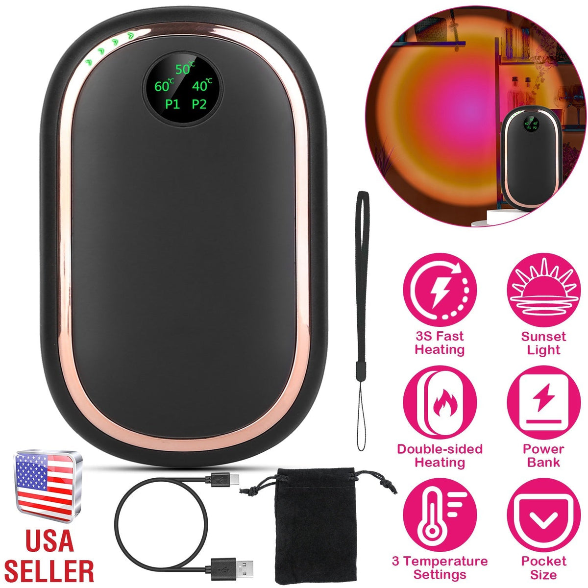 Calentador de manos eléctrico recargable, calentador de bolsillo portátil reutilizable, batería externa con pantalla digital, luz de atardecer, 3 niveles de temperatura y calentamiento de doble cara