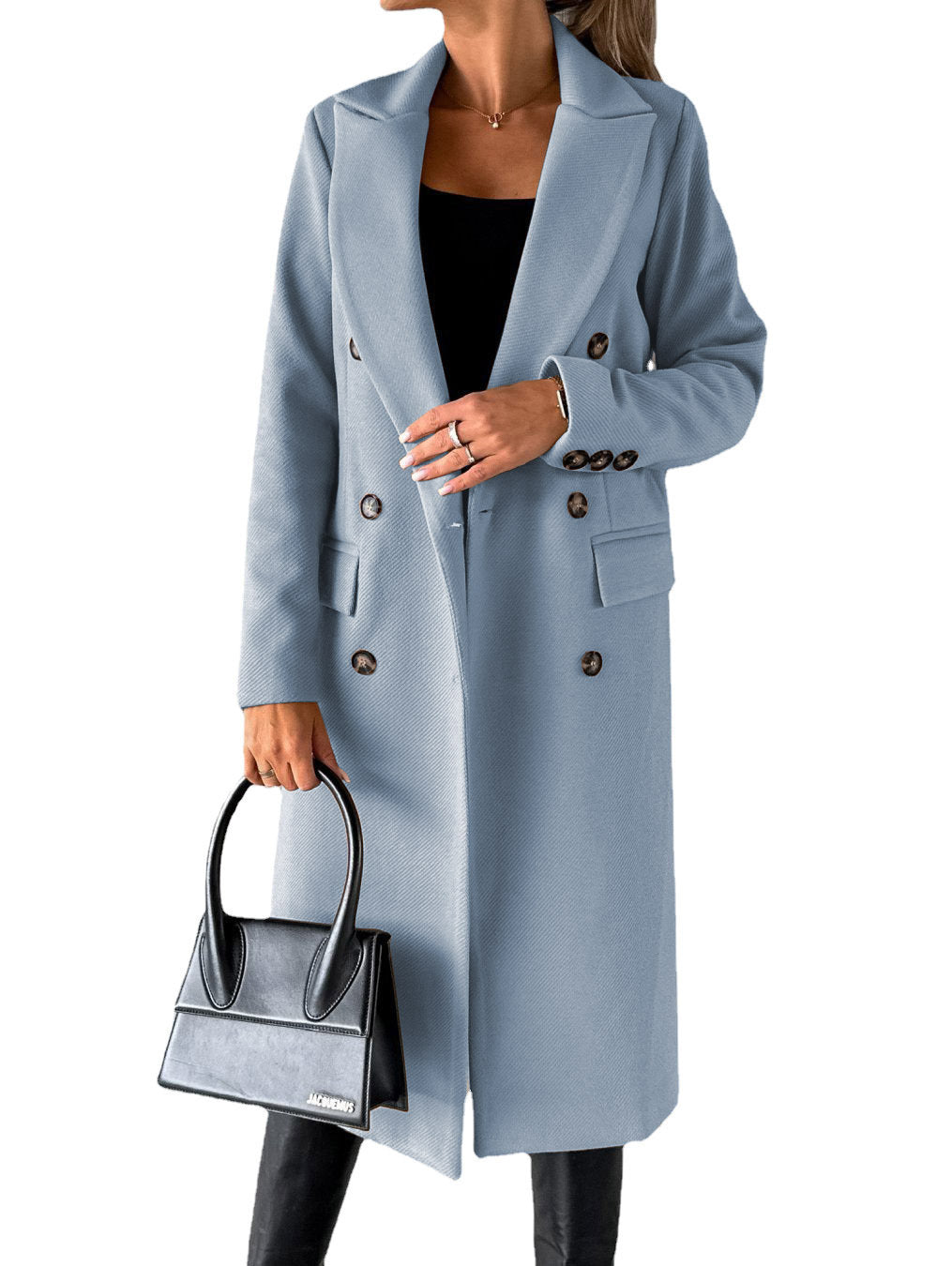 Abrigo de solapa cruzado Moda de invierno Sólido Delgado Chaqueta larga Mangas largas Ropa de mujer