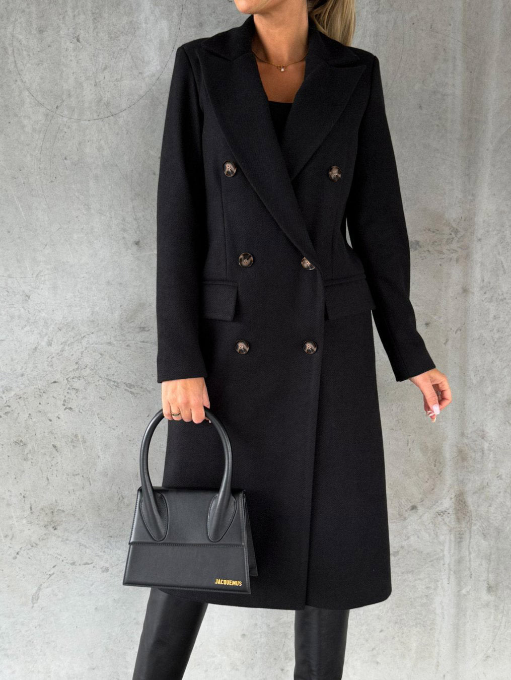 Abrigo de solapa cruzado Moda de invierno Sólido Delgado Chaqueta larga Mangas largas Ropa de mujer