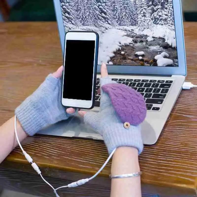قفازات تدفئة شتوية مريحة تعمل بمنفذ USB، قفازات بدون أصابع للتدفئة، مدفئات يد كهربائية ناعمة للكمبيوتر المحمول