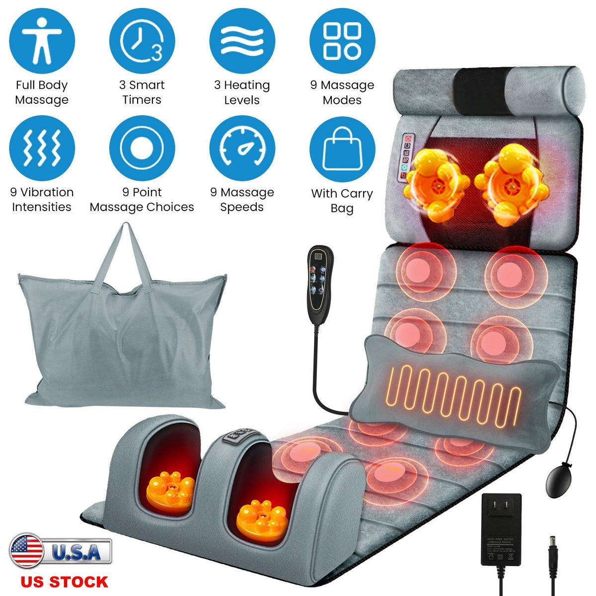 Esterilla de masaje eléctrico para cuerpo completo, cojín térmico con vibración, colchón de masaje para espalda, almohadilla para silla con masaje de cuello, masaje de pies, almohada para la cabeza e inflable