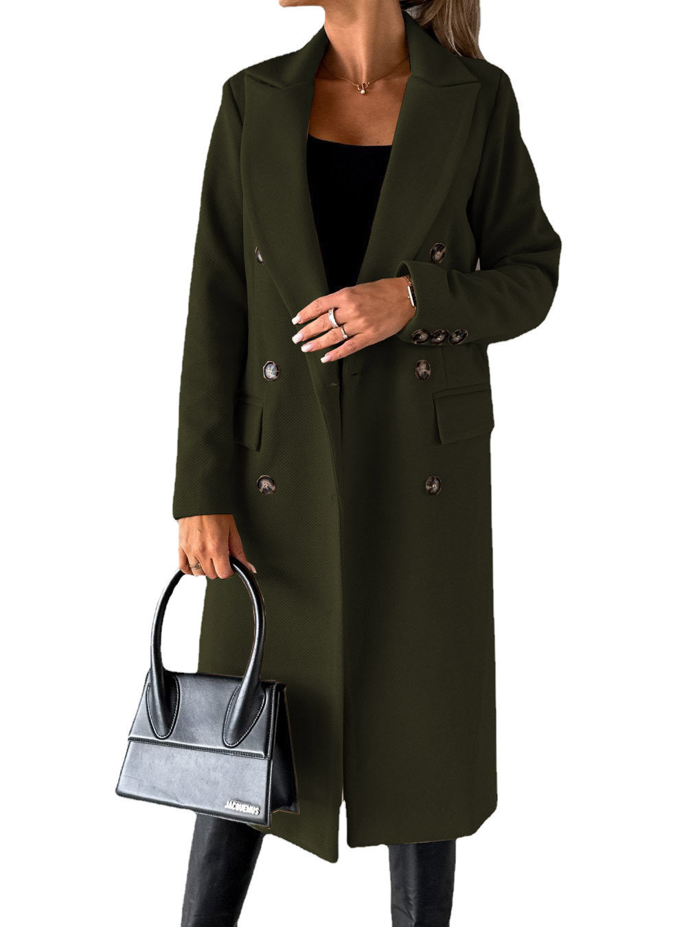 Abrigo de solapa cruzado Moda de invierno Sólido Delgado Chaqueta larga Mangas largas Ropa de mujer