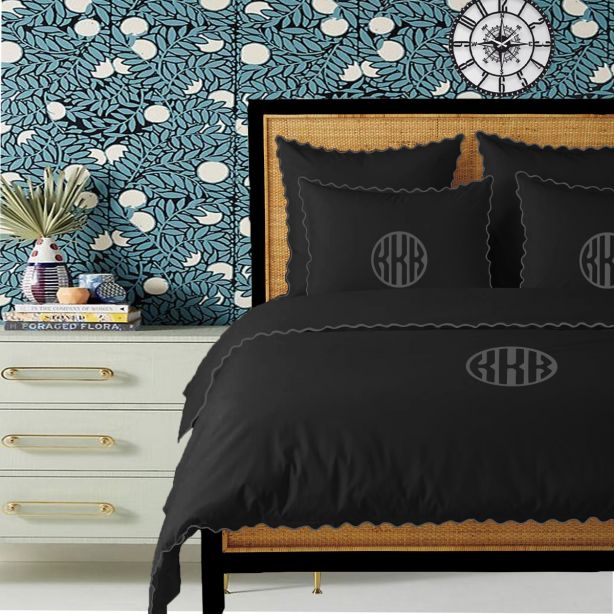 Juego de funda nórdica de algodón de 400 hilos con bordado de festón pequeño, color negro, con monograma