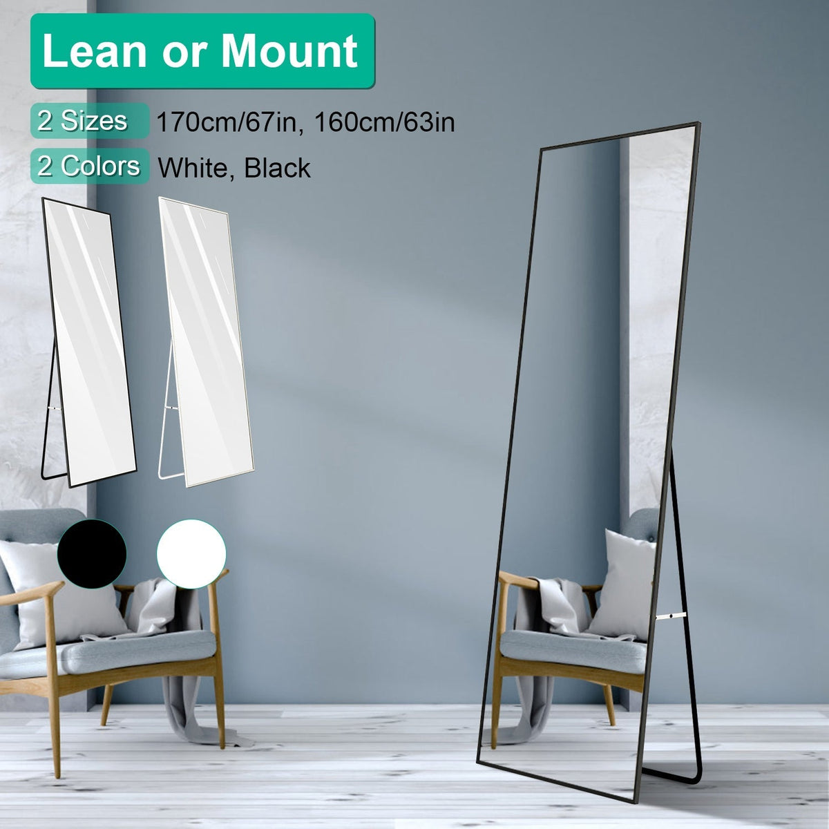 Espejo de cuerpo entero de 160x48cm, espejo de pared de aleación de aluminio, espejo de suelo independiente, espejo colgante o apoyado en la pared para vestidor, dormitorio, sala de estar