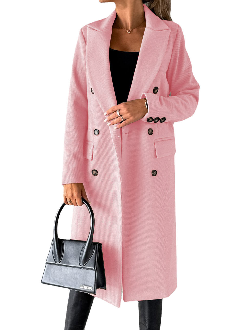 Abrigo de solapa cruzado Moda de invierno Sólido Delgado Chaqueta larga Mangas largas Ropa de mujer