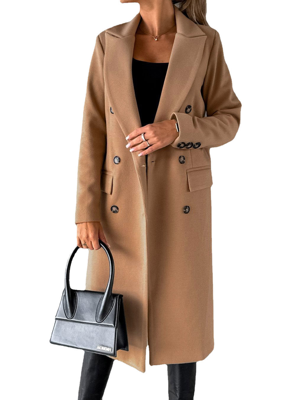 Abrigo de solapa cruzado Moda de invierno Sólido Delgado Chaqueta larga Mangas largas Ropa de mujer