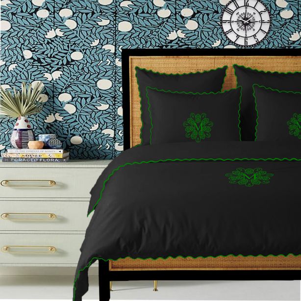 Juego de funda nórdica de algodón de 400 hilos con bordado de festón pequeño, color negro, con monograma