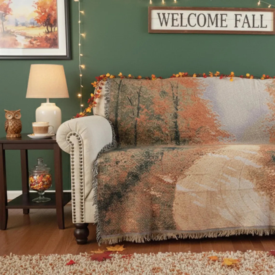 Manta de tapiz auténtico de otoño: diseño tejido con costuras de hojas de bosque otoñales decorativas en color naranja - 50" x 60"