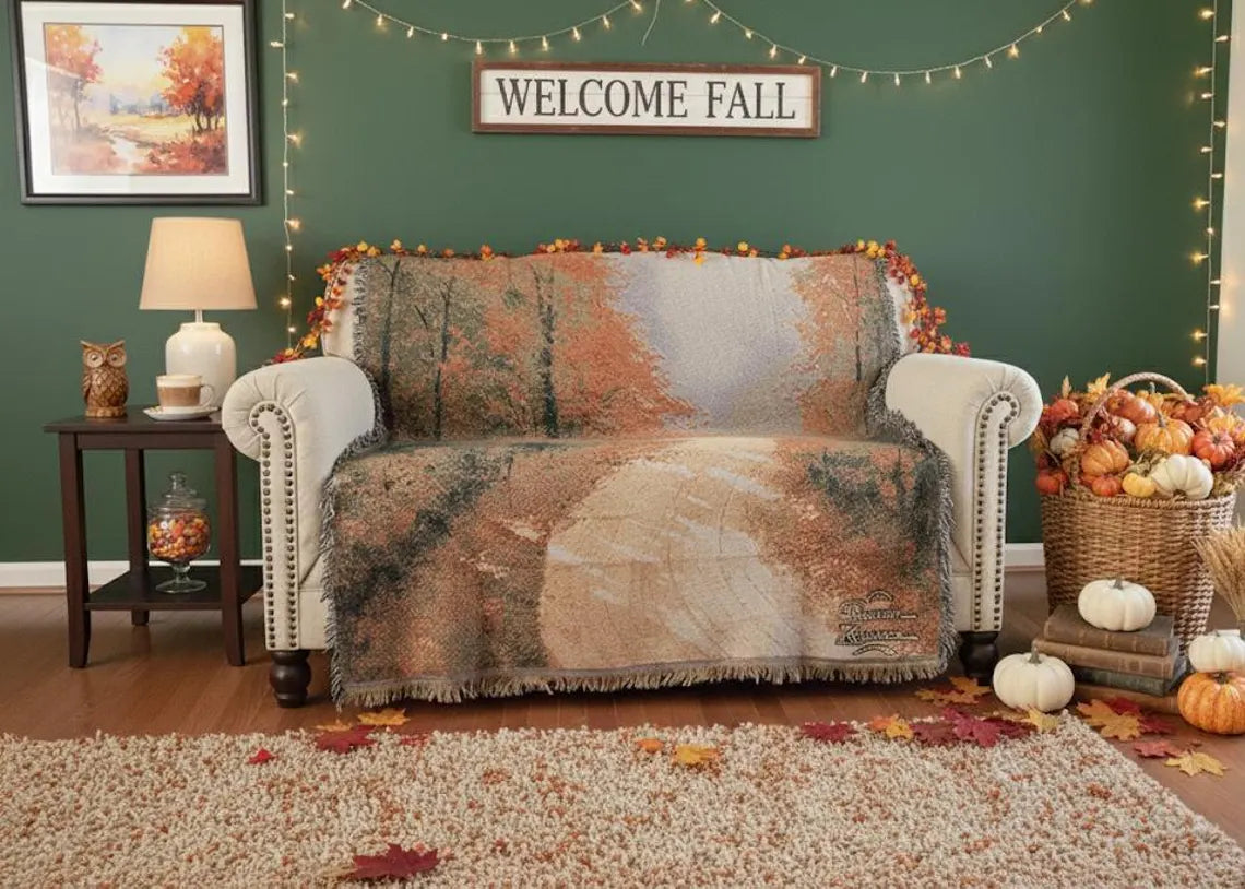Manta de tapiz auténtico de otoño: diseño tejido con costuras de hojas de bosque otoñales decorativas en color naranja - 50" x 60"