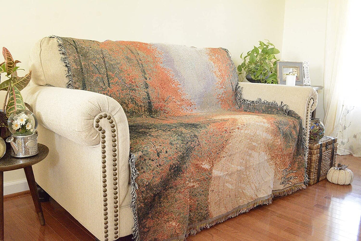 Manta de tapiz auténtico de otoño: diseño tejido con costuras de hojas de bosque otoñales decorativas en color naranja - 50" x 60"