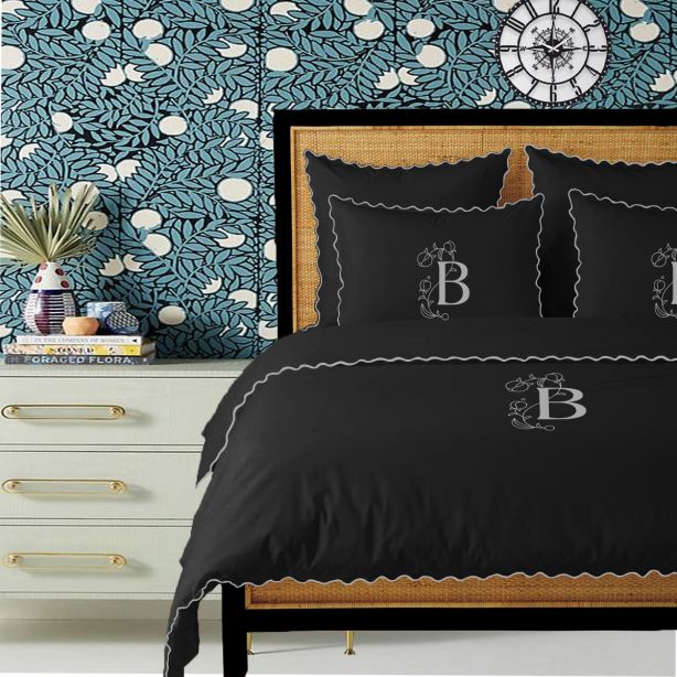 Juego de funda nórdica de algodón de 400 hilos con bordado de festón pequeño, color negro, con monograma