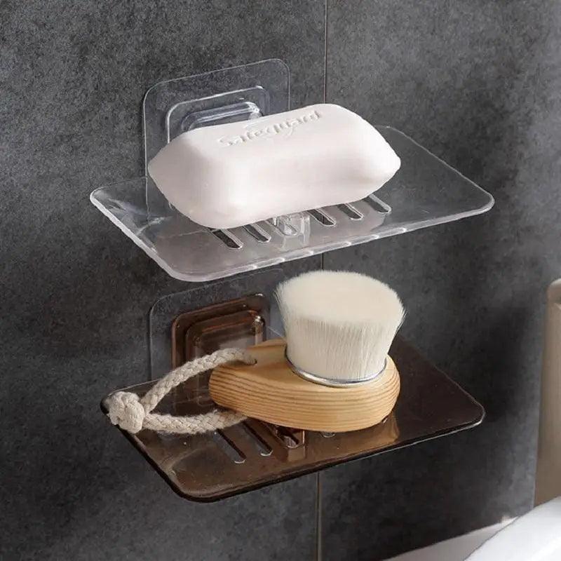 Soap Rack No Drilling Wall Mounted Double Layer Soap Holder Soap Sponge Dish Bathroom Accessories Soap Dishes Self Adhesive Shower Soap Saver Holder Stand Bathroom Bar Soap Case Adhesive Kitchen Sink Sponge Holder Drainer Wall Soap Dish Container